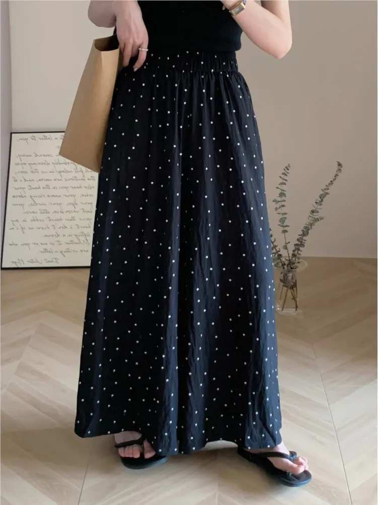Summer Polka Dot Print Elastic High Waist Long Pant Women Casual Modis Loose Pleated Ladies Trousers Korean Woman Wide Leg Pants