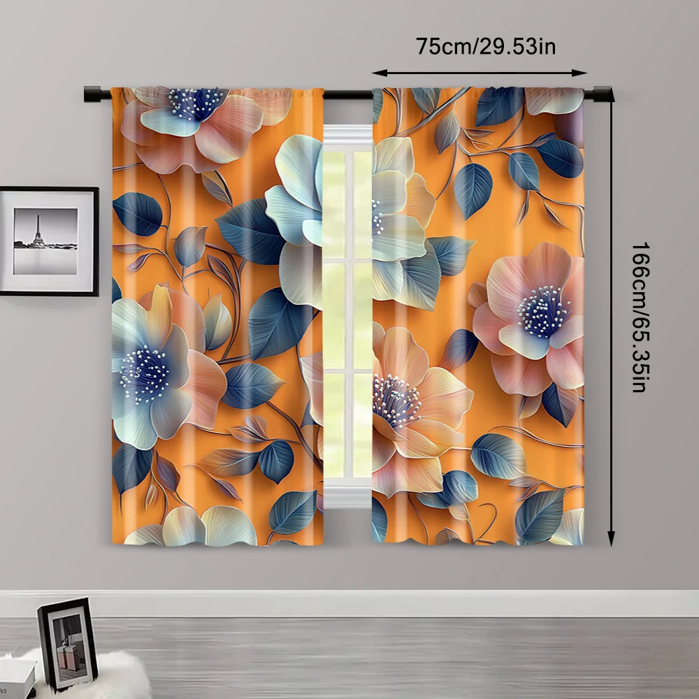 2pcs, Curtain Popular 2D print Golden lotus Fabric (without rod) Thermal Insulation, and Room Darkening Functions Ldeal for 3