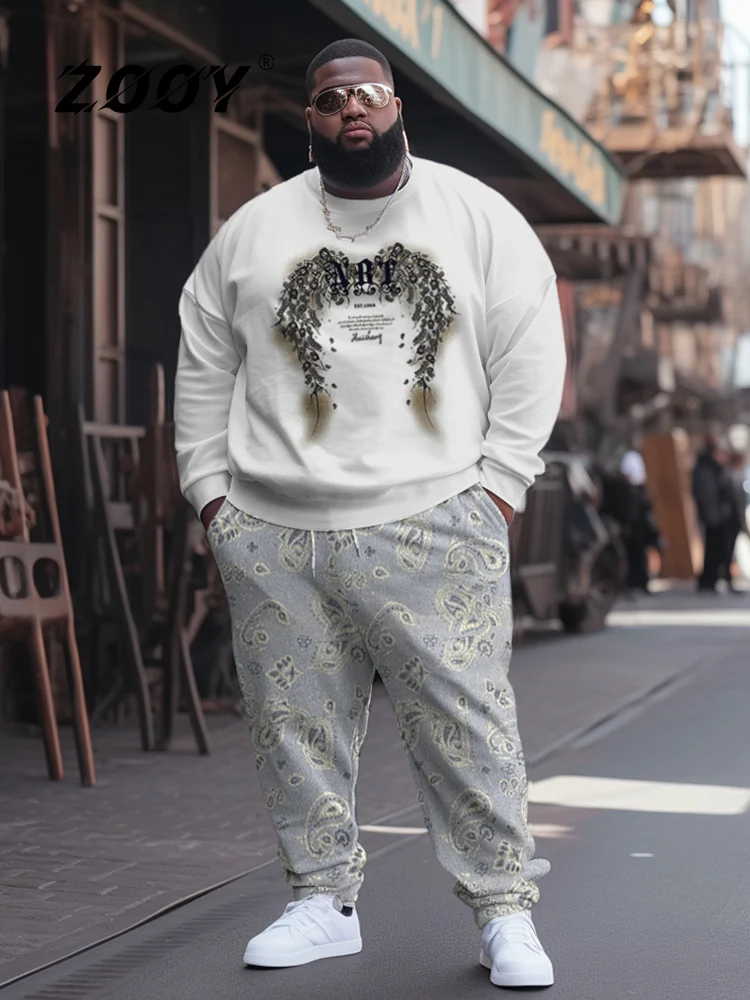 

ZOOY (L-9XL) Plus Size Men's Vintage Graffiti Flower Color-Blocking Long Sleeve Crew Neck Sweatshirt Sweatshirt Sweatpants Set