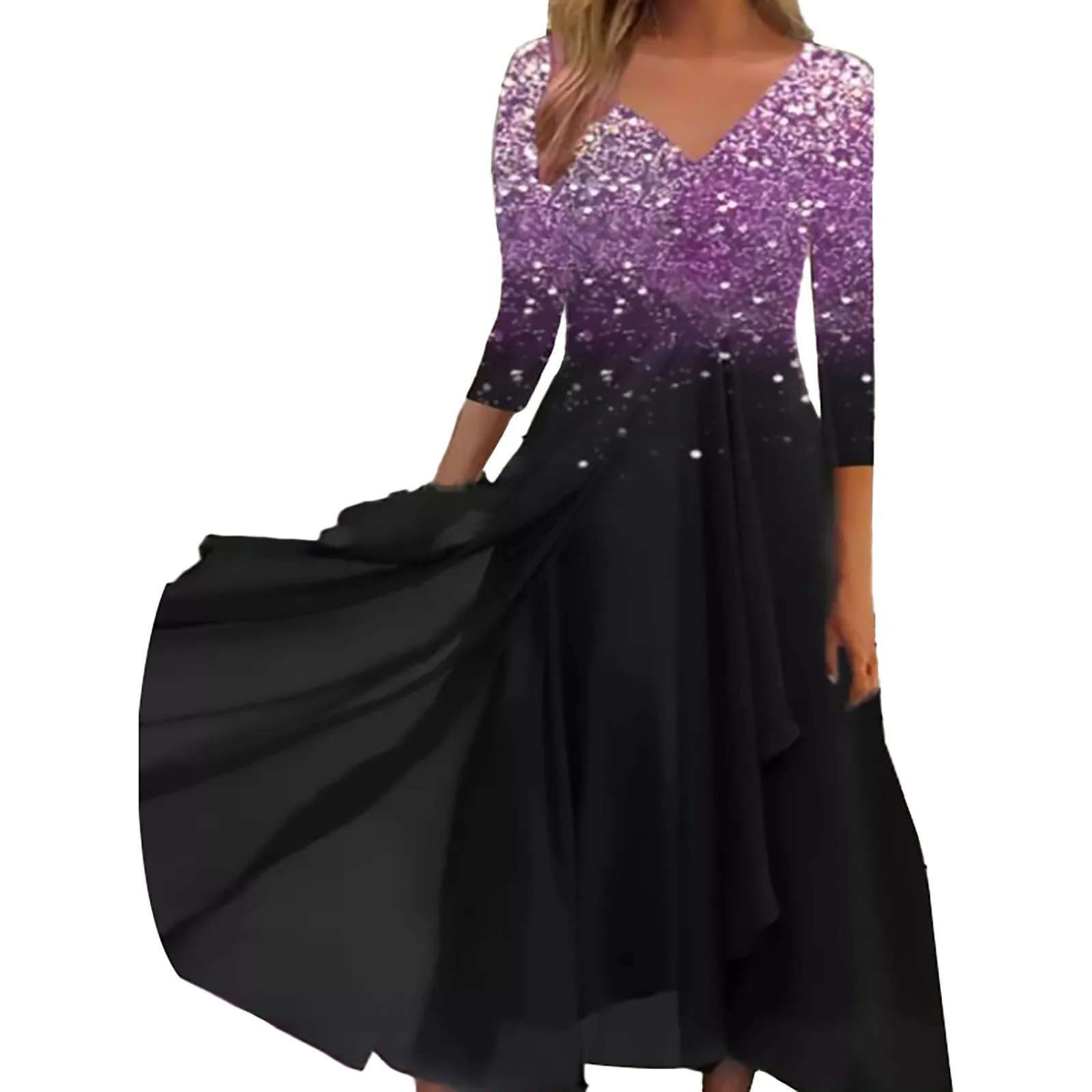 thumbnail image 1 of Vestidos de mujer de gasa con retazos de moda urbana e informal para primavera y verano, vestido de cuello en V de manga larga y dobladillo irregular, vestido de largo medio, 1 of 5
