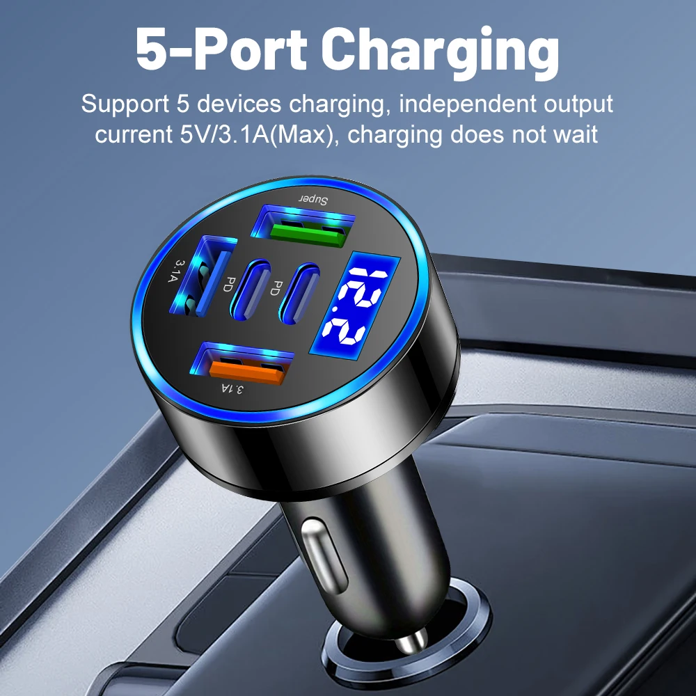 Caricabatteria da auto da 100 W a 5 porte Ricarica rapida PD QC3.0 Caricatore per telefono da auto USB C Adattatore di tipo C in auto per iPhone Samsung Huawei Xiaomi - Image 2