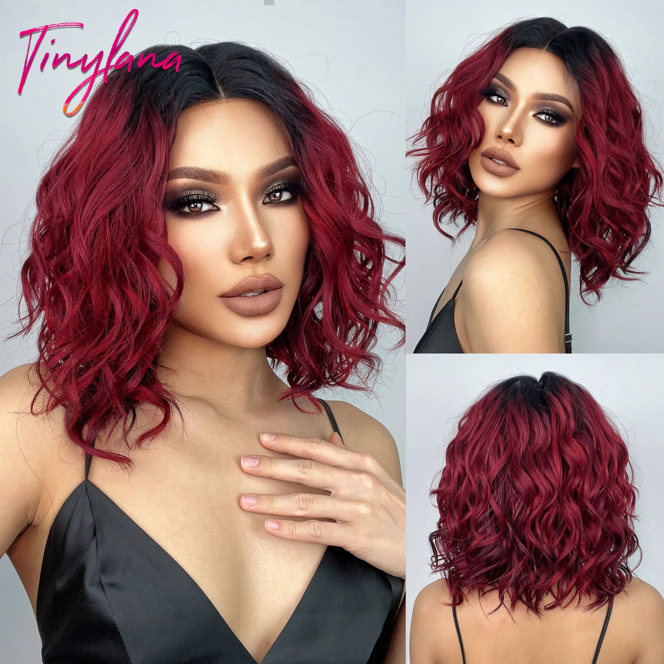 

Burgundy Red Synthetic Lace Wig Short Curly Wave Natural Transparent Lace Front Hair for Women Afro Daily Heat Resistant Wigs