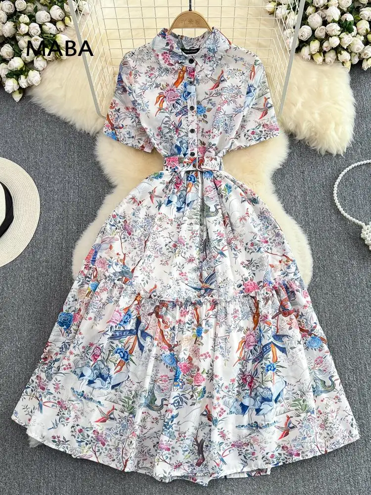 

Summer Women Vintage Print Floral Long A-line Shirt Dress Female Turn Down Collar Short Sleeve Slim Belt Elegant Big Swing Dress