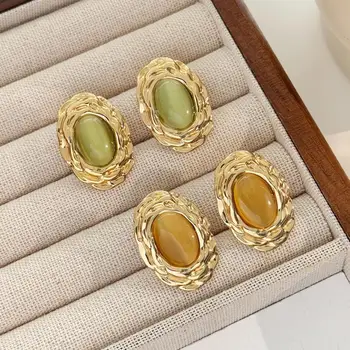 925 Silver Needle Korean Vintage Opal Earrings For Women Jewelry 2025 Trending New Luxury Women's Cat's Eye Stone Stud Earrings