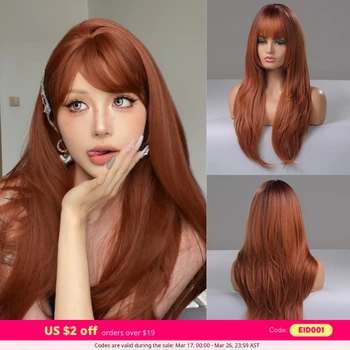 Reddish Brown Straight Layered Synthetic wig with Bangs Long hair Copper Ginger Wig for Women Daily Use Heat Resistant Wigs 1