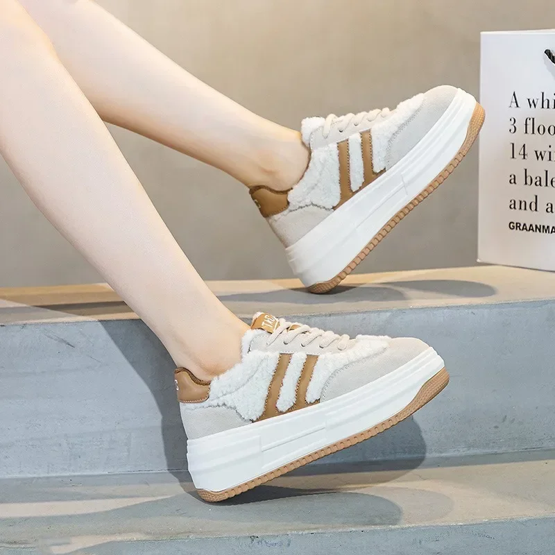 6CM 핑크 천연  가죽 패션 통기성 캐주얼 여성 신발 플랫폼 따뜻한 플러시 겨울 가을 편안한 발목 부츠