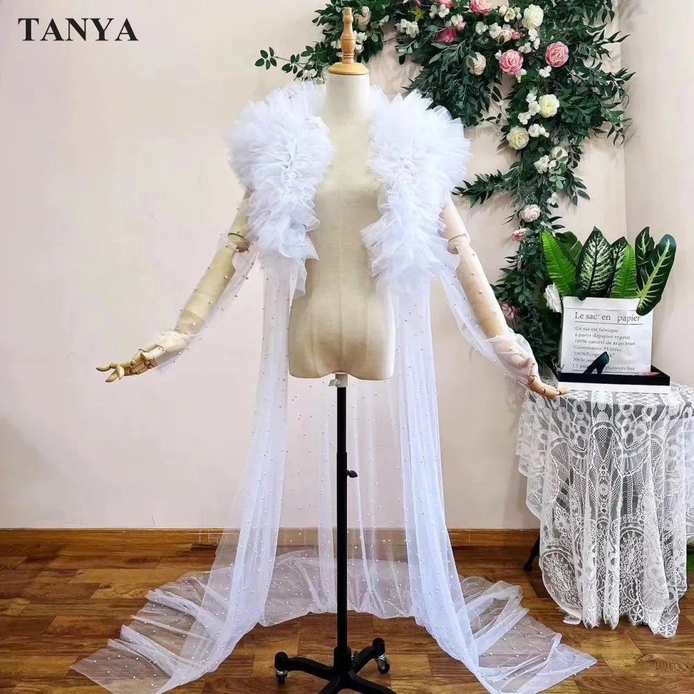 

Long Sleeves Puffy Ruffle Around Neck Mesh Cape With Pearls In Varying Sizes Clock 2M Long Jackets Cover Up Wedding Robe
