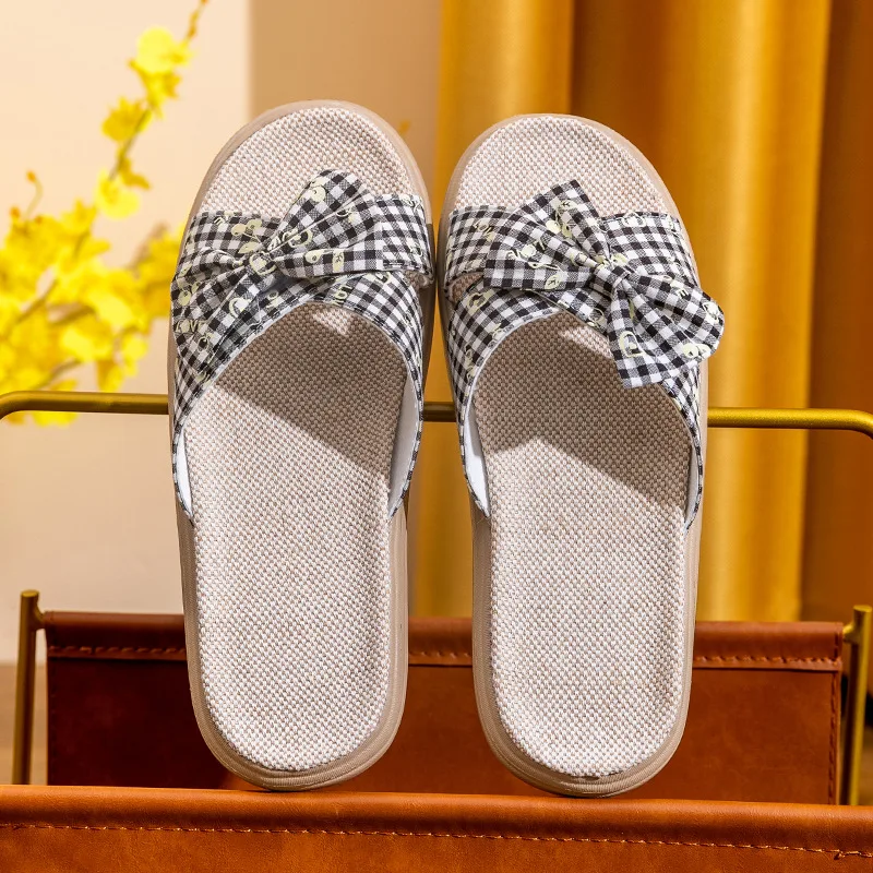 Spring And Summer Linen Home Interior Ladies Leisure Non-Slip Mute Thick Soft Bottom Plaid Fabric Fashion Slippers