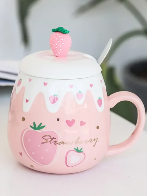Creative Strawberry Girl Ceramic Mug With Lid - 430ml, Microwave Safe, Cute Breakfast Cup For Home & Office
