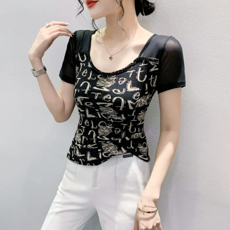 

#6455 Perspective Mesh T Shirt Women Short Sleeve Summer Vintage Tight Womens Tshirt Letters Leopard Short T-shirt Female Sexy