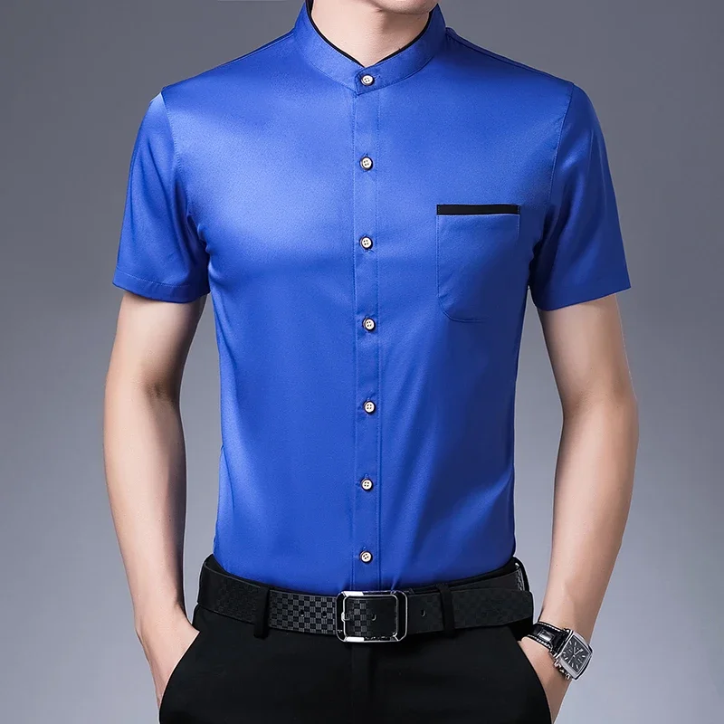 Men's Business Casual Short Sleeved Shirt No Iron and Wrinkle Resistant Top