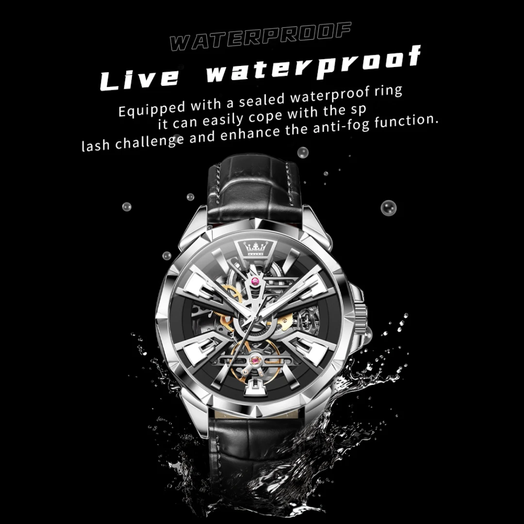 OLEVS 7051 Mechanical Fashion Watch Gift Genuine Leather Watchband Round-dial Wristwatch Luminous