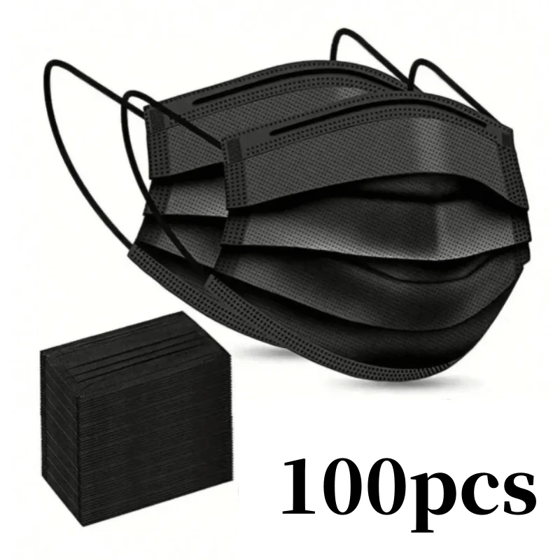 Black Disposable Face Masks - 100 Pack, 3-Layer Breathable Anti-Dust Protection