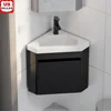 Corner Bathroom Vanity Sink Combo Wall Mounted with White Resin Sink Matte Black Faucet Space Saving Floating Design Durable MDF 1