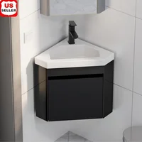 Corner Bathroom Vanity Sink Combo Wall Mounted with White Resin Sink Matte Black Faucet Space Saving Floating Design Durable MDF 1