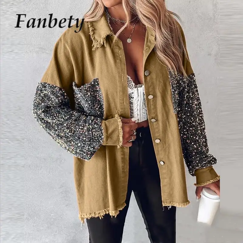

Ladies Casual Button Cardigan Outerwear Women Sequins Long Sleeve Pocket Patchwork Jackets Vintage Loose Lapel Long Sleeve Coats