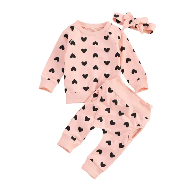Spring New Fall Autumn Infant Baby Girls 3Pcs Set Long Sleeve Lovely Print Top Pants Headband Toddler Outfits Clothes D