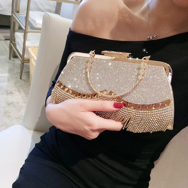 Fashion Black Gold Clutch Bags 2020 Metal Rhinestone Evening Party