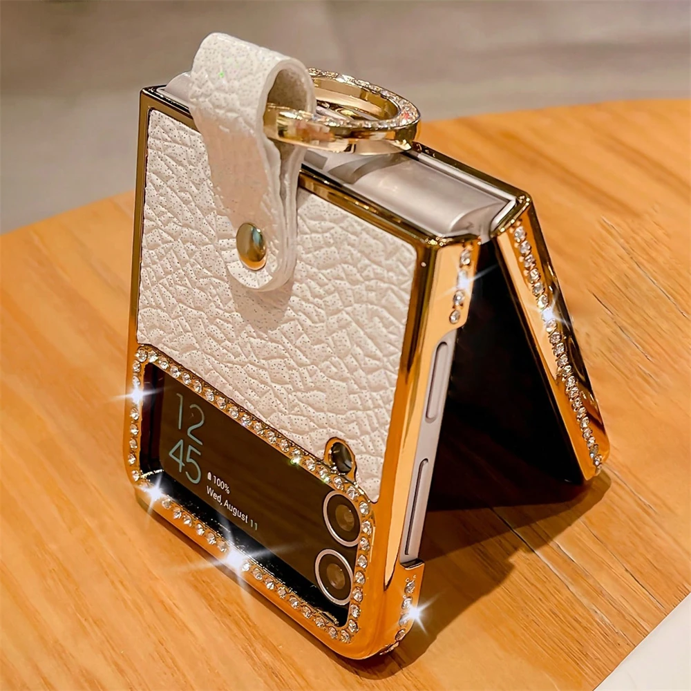 Luxury Plating Diamond Round Ring Leather Phone Case - Glitter Shine Shockproof Cover