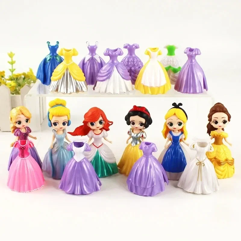 24pcs Princess Cinderella Belle Alice Snow White Ariel Rapunzel Pvc Action Figures Interchangeable Clothes Toys Dolls Gifts 3