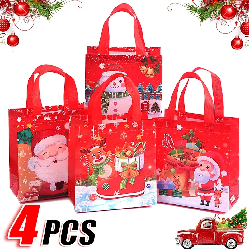 

1/4pcs Christmas Handbag Non-woven Reusable Gift Packaging with Handle Santa Claus Snowman Print Folding Tote Bag Party Supplies