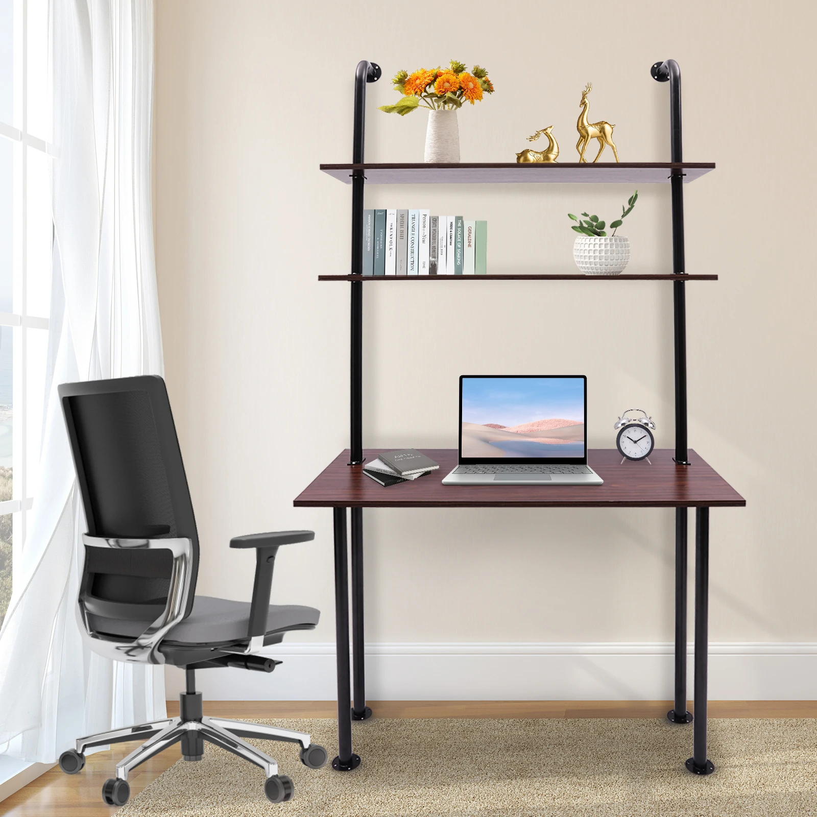 Wall Mount Desk 3 Tiers Computer Writing Table Laptop Industrial Bookcase Floating Pipe Ladder with Shelf for Home Office School 5
