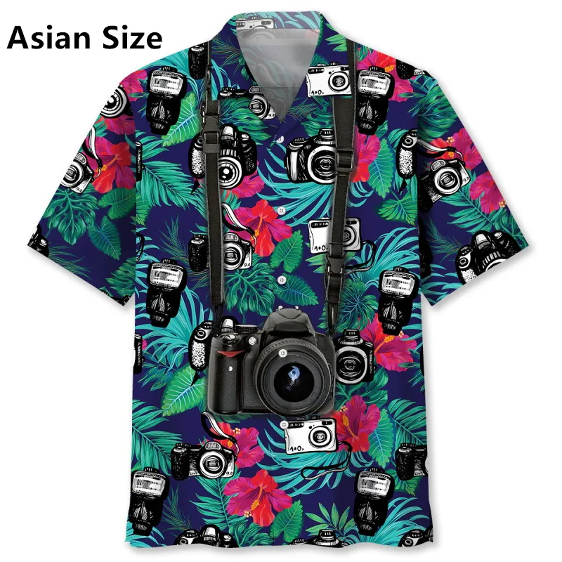 Full Print Colorful Camera Pattern Tropical Hawaiian Shirt For Men Short Sleeve Button Vacation Shirts Tops Men's Casual Shirt
