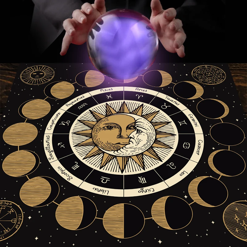 Moon Phase Tarot Card Tablecloth Wheel of the Zodiac Astrology Chart Tapestry Divination Altar Cloth Board Game Card Pad Decor