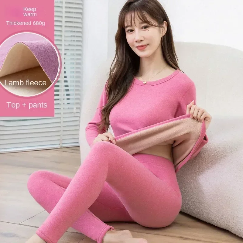 

Women Thermos Thermal Bottoming Clothing Johns High Piece Elastic Long Sets Waist Two Thicken Suit Fleece Lamb Underwear