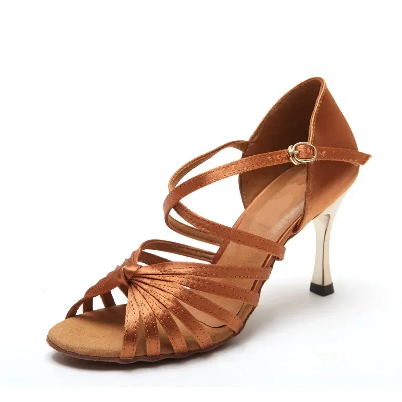 Ballroom Tango Latin Dance Shoes 8.5cm Square Gold Heels Sandals Dancing for Women Ladies Satin Upper Rhinestones 3