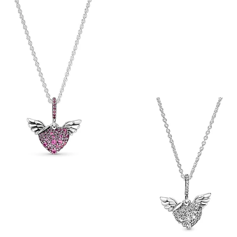 

Original Pave Heart & Angel Wings Necklace For Women 925 Sterling Silver Bead Charm Necklace Fashion Jewelry