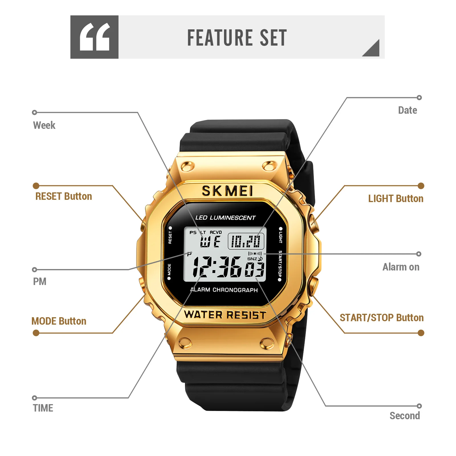 SKMEI Chrono Alarm Clock Silicone Strap Square Couple Watch Net Red Street Handsome Men's Gold Electronic Wristwatch 1851