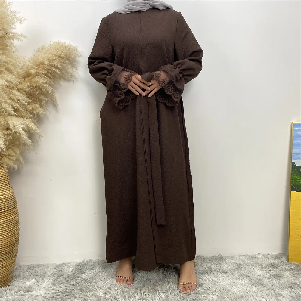 

Modest Abaya Eid Ramadan Muslim Women Belted Lace Maxi Dress Marocain Caftan Femme Musulman Vestidos Arabic Robe Jalabiya Kaftan