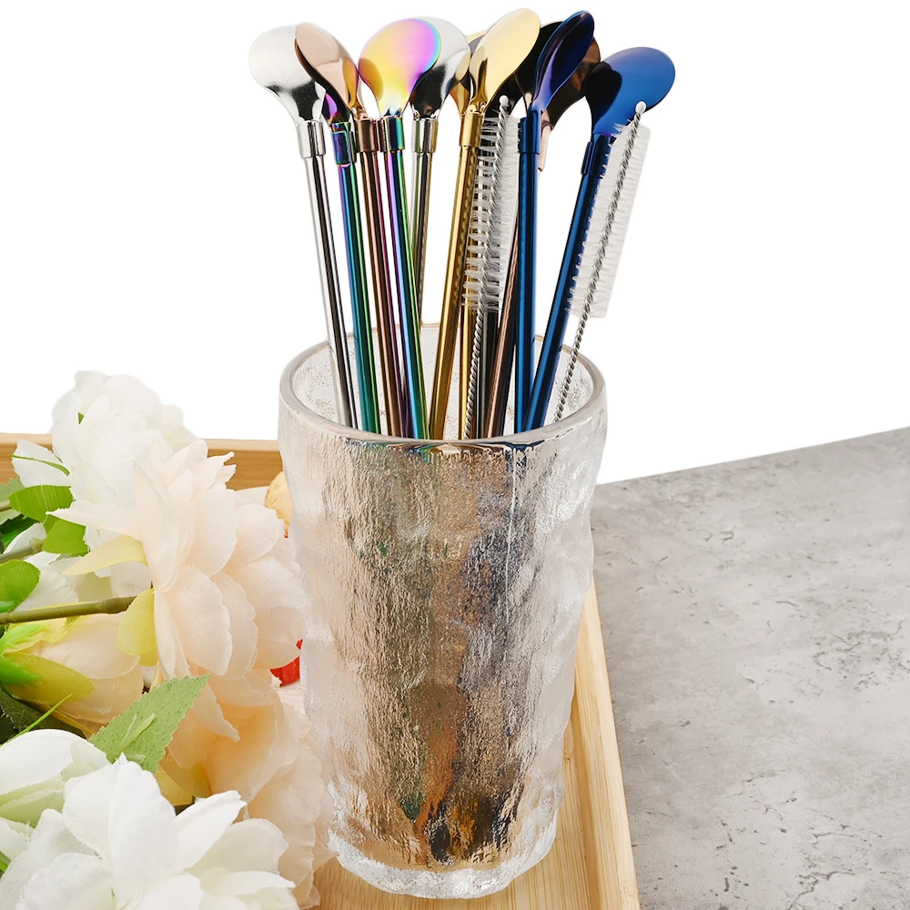 Premium Reusable Stainless Steel Straw Spoon Set - Eco-Friendly Drinking Accessories with Cleaning Brush