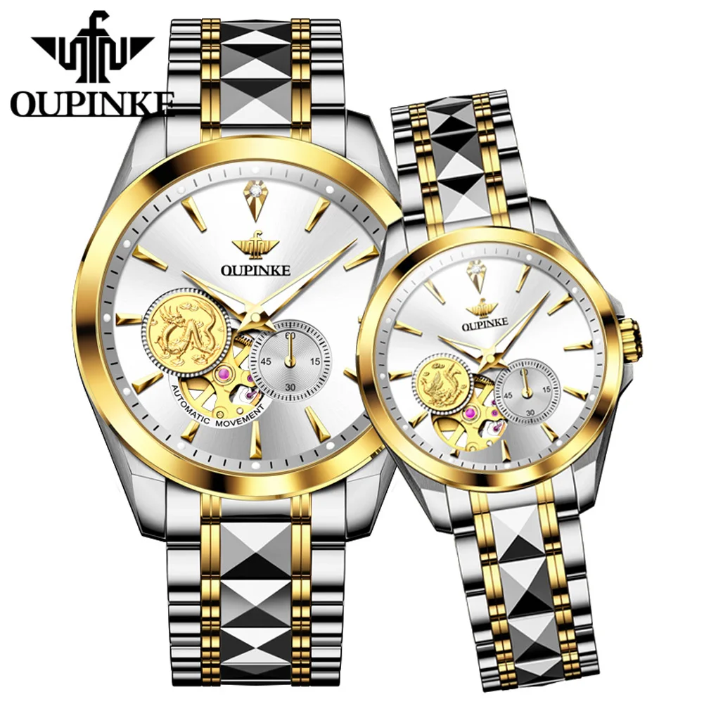 OUPINKE 3260 Automatic Couple Watch Real Diamond Import Mechanical Movement Hollow Wristwatch Sapphire Mirror Waterproof Watches