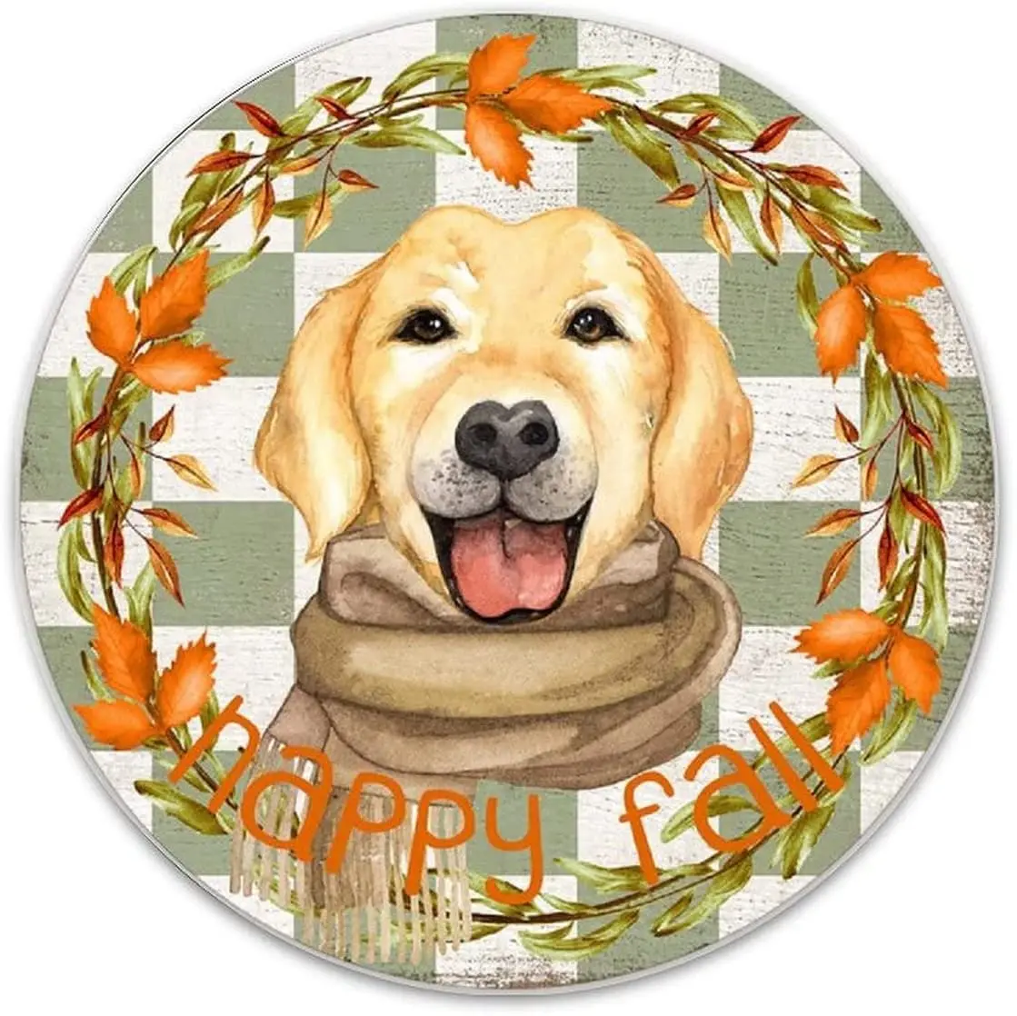 

Happy Fall Dog Round Metal Sign Dog Wreath Metal Tin Sign 12X12 Inch Vintage Metal Plaque for Christmas Thanksgiving New