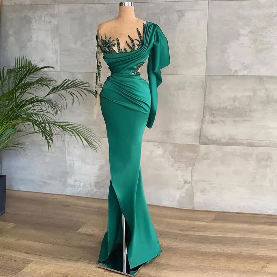 

Зеленое Вечернее Платье Kadisua, женское платье с длинным рукавом, блестящая аппликация, длиной до пола, атласное официальное платье для торжественных случаев