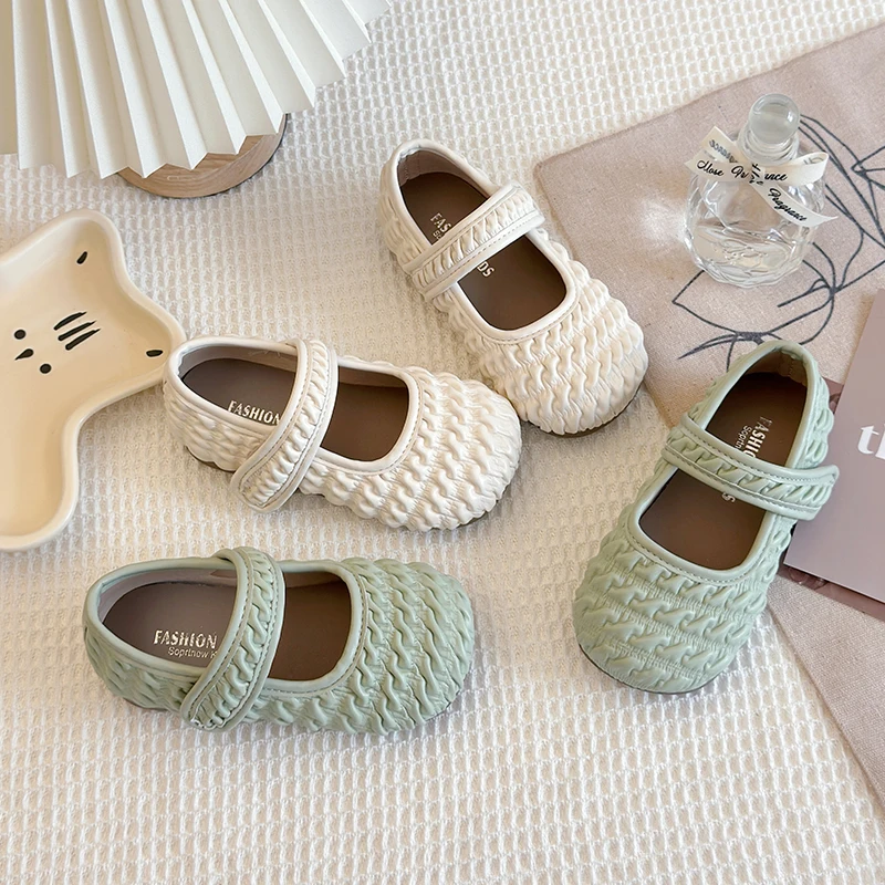 Girl's Princess Shoes Pleated Green Beige Soft Pu Leather Children Flat Shoe Daily Spring Morden Hook-loop Kids Mary Janes