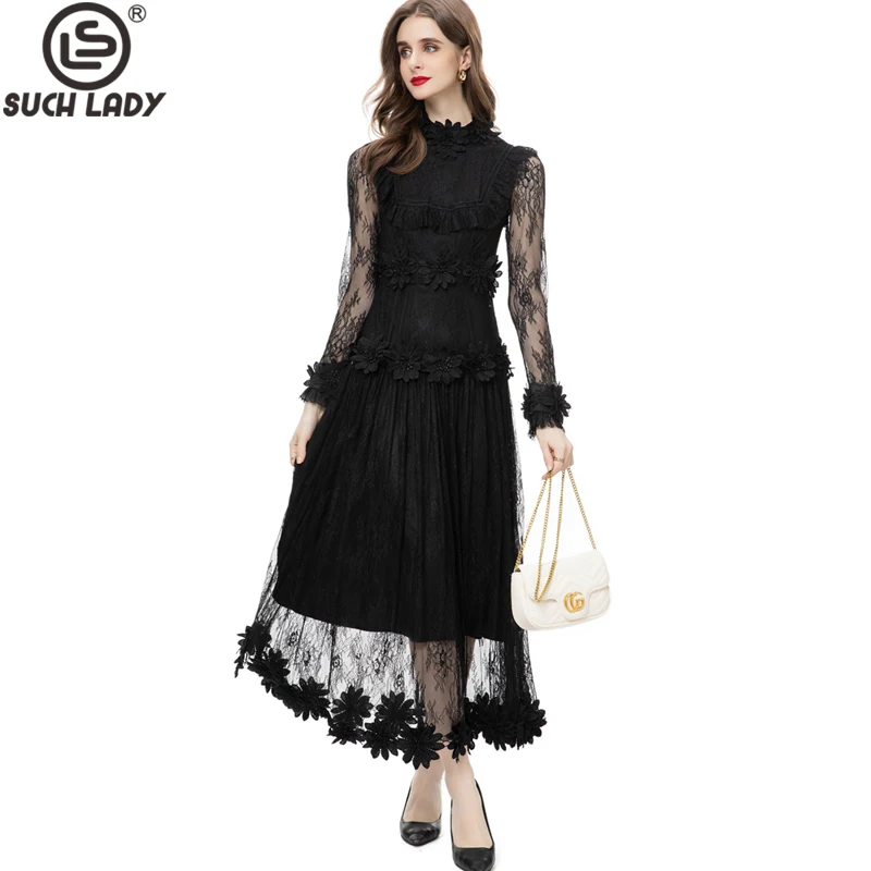 

Women's Runway Dresses O Neck Long Sleeves Embroidery Appliques A Line Mesh Elegant Party Prom Vestidos