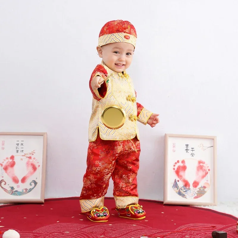 NEW Tang Suit Chinese Traditional Costume For Newborn Baby Boys Embroidery Winter Red New Year Birthday Gift Christmas Shoes