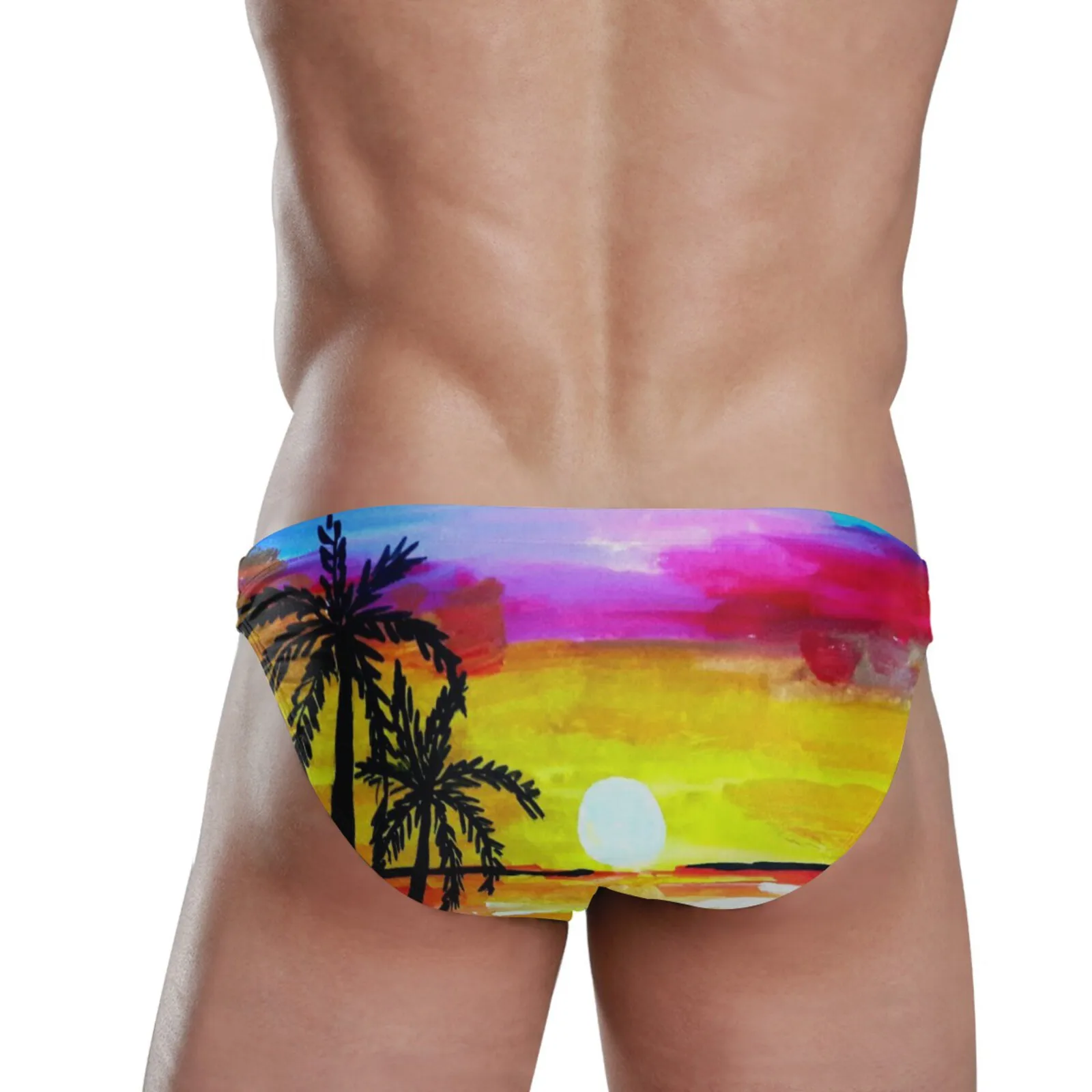 New Men Sexy Summer Swimsuit Briefs Low Waist Bathing Suit Bulge Beach Wear Palm Tree Sunset Print Short Sport Homme Swim Bikini 4