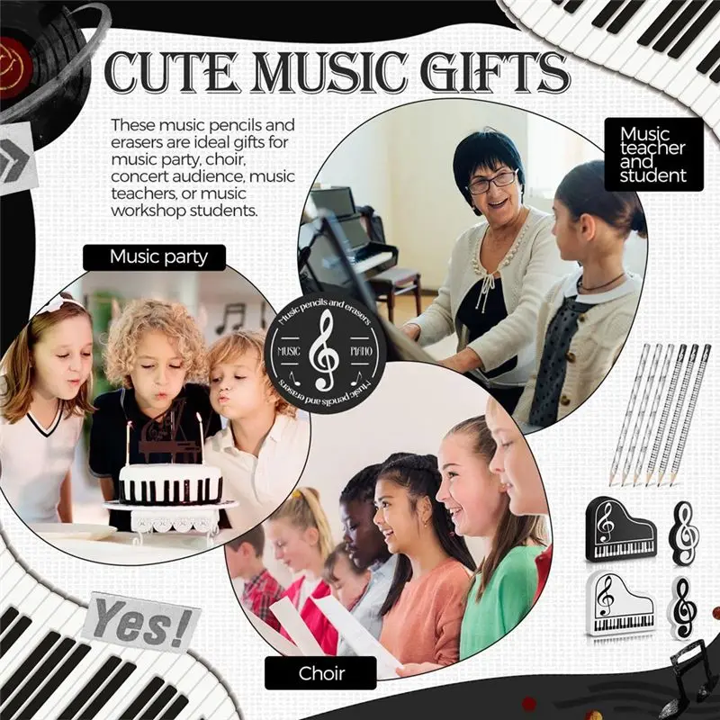 AU61-뮤직 펜슬 음악 테마 지우개가 있는 음악 노트 연필 나무 연필 대량 키보드 재미있는 연필 지우개 선물