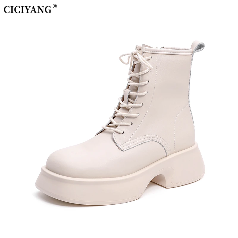

CICIYANG Women Marton Boots Genuine Leather 2023 Autumn British Style Ladies Platform Round Toe Short Boot Winter Ankle Boots