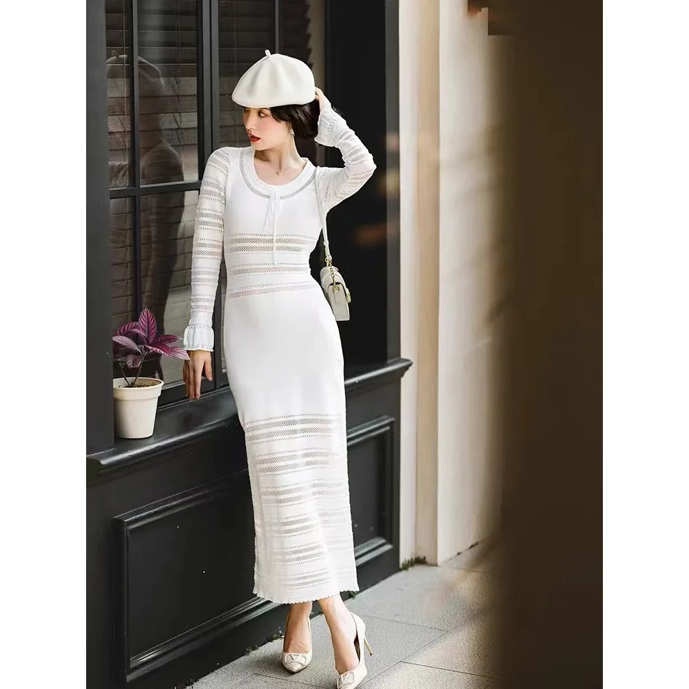 

Elegant Sexy Knitted Dress Women's Spring and Fall New Hollow Jacquard Long-sleeved Tight Casual Commuting Luxury Long Dresses