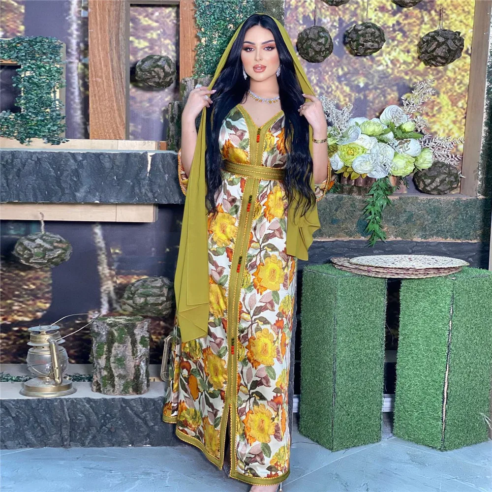 

Eid Party Moroccan Women Muslim Foral Print Abaya Long Maxi Dress Turkey Arab Kaftan Hijab Dubai Saudi Gown Jalabiya Caftan Robe