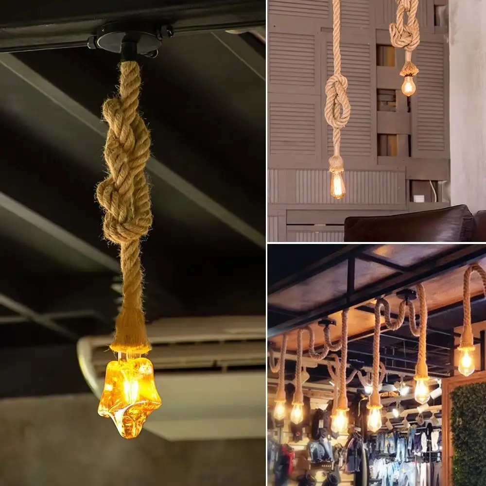 Creative Rope Lamp Durable Minimalist Edison Bulb Chandelier Vintage Hemp Rope Material Hemp Rope Pendant Lamp Living Room