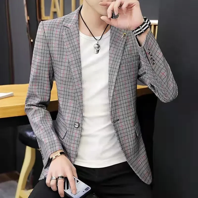 Abrigo de un solo pecho para hombre, chaqueta de traje a cuadros gris, blazer para hombre, ropa de primavera de alta calidad, vintage, nueva moda original 2024