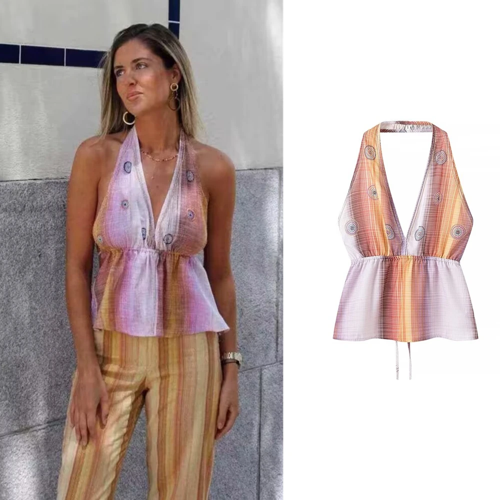 

BSK&TRAF Women's Clothing 2024 Summer Resort Style Halter Neck Top Lace-up Design Backless Sexy Small Suspenders