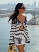Sexy Boho Striped Chic V-neck Cut Out Bell Sleeve Knit Dress 2025 Summer Women Seaside Holiday Mini A-Line Dress K123 - Image 6