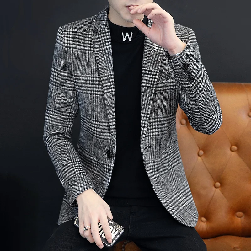 2024 New Men 2022 Autumn Winter Fashion Handsome Korean Version of The Trend Plaid Single West Coat Business Casual  Blazer 4